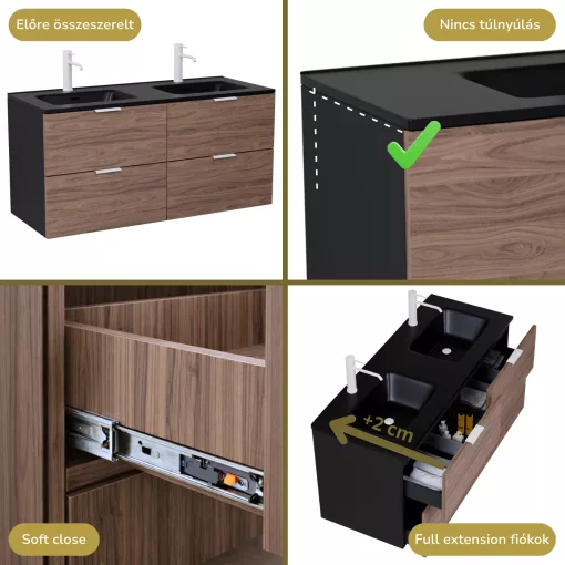 HD Palermo Black-Oak 120 fali mosdószekrény matt fehér fogantyúkkal és matt fekete slim mosdóval