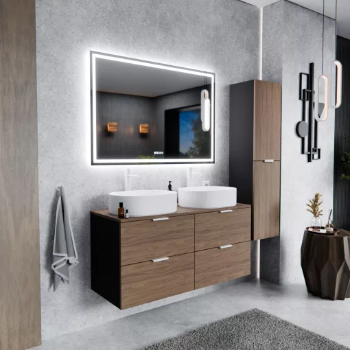 HD Salerno Black-Oak 120 fali mosdószekrény tölgyfa színű mosdópulttal és matt fehér fogantyúkkal