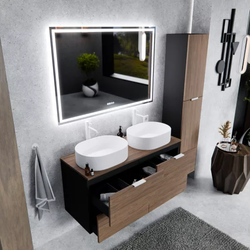 HD Salerno Black-Oak 120 fali mosdószekrény tölgyfa színű mosdópulttal és matt fehér fogantyúkkal