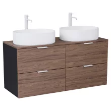 HD Salerno Black-Oak 120 komplett fürdőszoba bútor szett fali mosdószekrénnyel, matt fehér fogantyúval, tölgyfa színű mosdópulttal, tükörrel és magasszekrénnyel