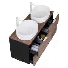 HD Salerno Black-Oak 120 komplett fürdőszoba bútor szett fali mosdószekrénnyel, matt fehér fogantyúval, tölgyfa színű mosdópulttal, tükörrel és magasszekrénnyel