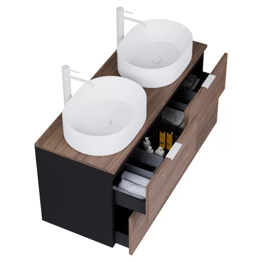 HD Salerno Black-Oak 120 komplett fürdőszoba bútor szett fali mosdószekrénnyel, matt fehér fogantyúval, tölgyfa színű mosdópulttal, tükörrel és magasszekrénnyel