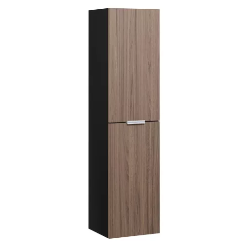HD Salerno Black-Oak 120 komplett fürdőszoba bútor szett fali mosdószekrénnyel, matt fehér fogantyúval, tölgyfa színű mosdópulttal, tükörrel és magasszekrénnyel