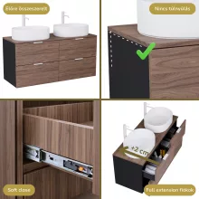 HD Salerno Black-Oak 120 komplett fürdőszoba bútor szett fali mosdószekrénnyel, matt fehér fogantyúval, tölgyfa színű mosdópulttal, tükörrel és magasszekrénnyel