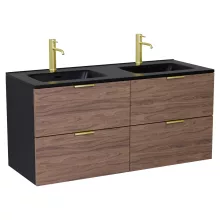 HD Palermo Black-Oak 120 fali mosdószekrény szálcsiszolt arany fogantyúkkal és matt fekete slim mosdóval