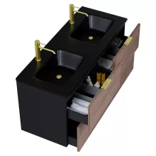 HD Palermo Black-Oak 120 fali mosdószekrény szálcsiszolt arany fogantyúkkal és matt fekete slim mosdóval