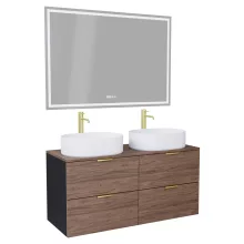 HD Salerno Black-Oak 120 komplett fürdőszoba bútor fali mosdószekrénnyel, szálcsiszolt arany fogantyúkkal, tölgyfa színű mosdópulttal és tükörrel