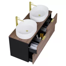 HD Salerno Black-Oak 120 komplett fürdőszoba bútor fali mosdószekrénnyel, szálcsiszolt arany fogantyúkkal, tölgyfa színű mosdópulttal és tükörrel