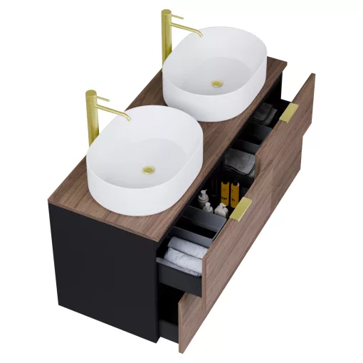 HD Salerno Black-Oak 120 komplett fürdőszoba bútor szett fali mosdószekrénnyel, szálcsiszolt arany fogantyúval, tölgyfa színű mosdópulttal, tükörrel és magasszekrénnyel