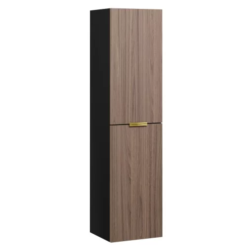 HD Salerno Black-Oak 120 komplett fürdőszoba bútor szett fali mosdószekrénnyel, szálcsiszolt arany fogantyúval, tölgyfa színű mosdópulttal, tükörrel és magasszekrénnyel