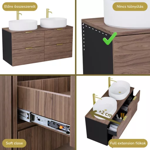 HD Salerno Black-Oak 120 komplett fürdőszoba bútor szett fali mosdószekrénnyel, szálcsiszolt arany fogantyúval, tölgyfa színű mosdópulttal, tükörrel és magasszekrénnyel