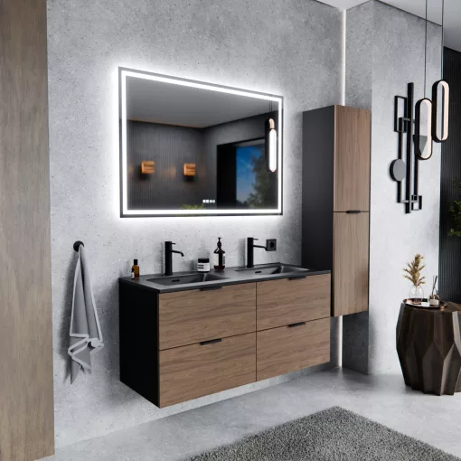 HD Palermo Black-Oak 120 fali mosdószekrény matt fekete fogantyúkkal és matt fekete slim mosdóval