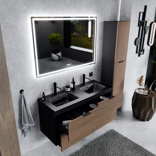 HD Palermo Black-Oak 120 fali mosdószekrény matt fekete fogantyúkkal és matt fekete slim mosdóval