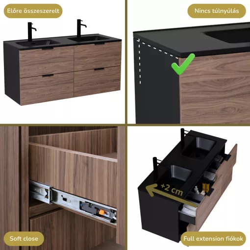 HD Palermo Black-Oak 120 fali mosdószekrény matt fekete fogantyúkkal és matt fekete slim mosdóval