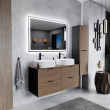 HD Salerno Black-Oak 120 fali mosdószekrény tölgyfa színű mosdópulttal és matt fekete fogantyúkkal