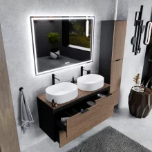 HD Salerno Black-Oak 120 fali mosdószekrény tölgyfa színű mosdópulttal és matt fekete fogantyúkkal