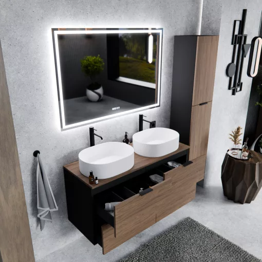 HD Salerno Black-Oak 120 fali mosdószekrény tölgyfa színű mosdópulttal és matt fekete fogantyúkkal