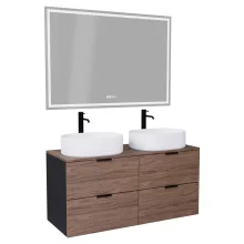 HD Salerno Black-Oak 120 komplett fürdőszoba bútor fali mosdószekrénnyel, matt fekete fogantyúkkal, tölgyfa színű mosdópulttal és tükörrel