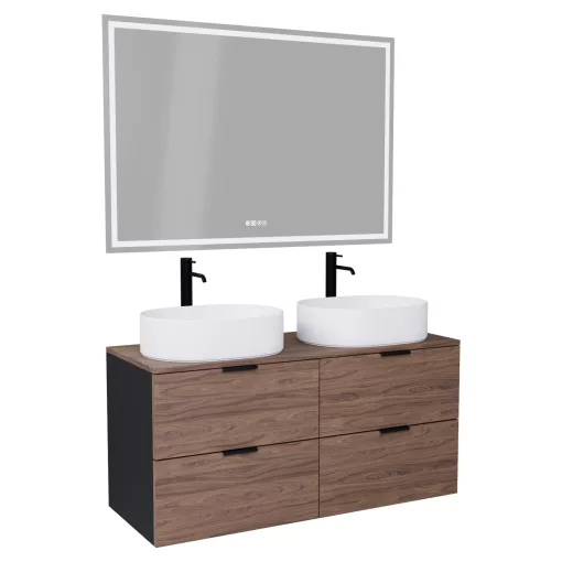 HD Salerno Black-Oak 120 komplett fürdőszoba bútor fali mosdószekrénnyel, matt fekete fogantyúkkal, tölgyfa színű mosdópulttal és tükörrel