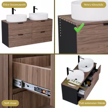 HD Salerno Black-Oak 120 komplett fürdőszoba bútor fali mosdószekrénnyel, matt fekete fogantyúkkal, tölgyfa színű mosdópulttal és tükörrel