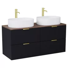 HD Salerno Matt Black 120 fali mosdószekrény tölgyfa színű mosdópulttal és szálcsiszolt arany fogantyúkkal