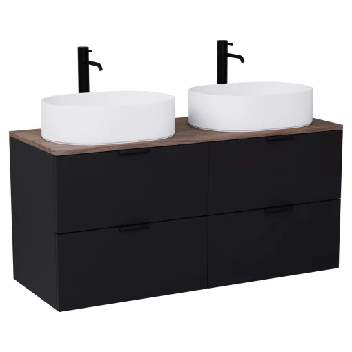 HD Salerno Matt Black 120 fali mosdószekrény tölgyfa színű mosdópulttal és matt fekete fogantyúkkal