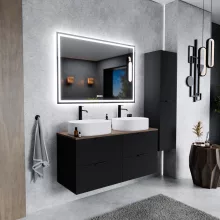 HD Salerno Matt Black 120 fali mosdószekrény tölgyfa színű mosdópulttal és matt fekete fogantyúkkal