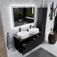 HD Salerno Matt Black 120 fali mosdószekrény tölgyfa színű mosdópulttal és matt fekete fogantyúkkal