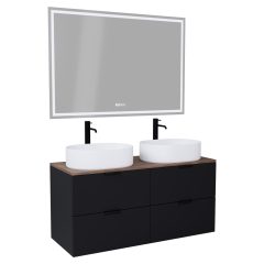   HD Salerno Matt Black 120 komplett fürdőszoba bútor fali mosdószekrénnyel, matt fekete fogantyúkkal, tölgyfa színű mosdópulttal és tükörrel