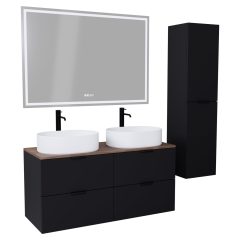   HD Salerno Matt Black 120 komplett fürdőszoba bútor szett fali mosdószekrénnyel, matt fekete fogantyúval, tölgyfa színű mosdópulttal, tükörrel és magasszekrénnyel