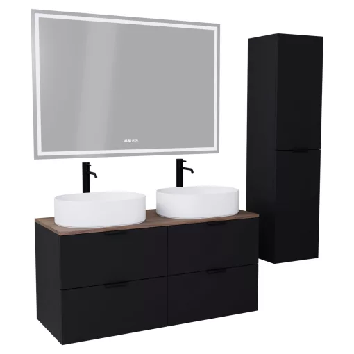 HD Salerno Matt Black 120 komplett fürdőszoba bútor szett fali mosdószekrénnyel, matt fekete fogantyúval, tölgyfa színű mosdópulttal, tükörrel és magasszekrénnyel