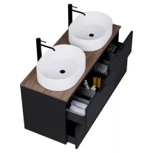 HD Salerno Matt Black 120 komplett fürdőszoba bútor szett fali mosdószekrénnyel, matt fekete fogantyúval, tölgyfa színű mosdópulttal, tükörrel és magasszekrénnyel