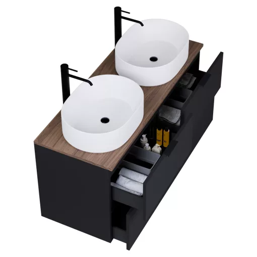 HD Salerno Matt Black 120 komplett fürdőszoba bútor szett fali mosdószekrénnyel, matt fekete fogantyúval, tölgyfa színű mosdópulttal, tükörrel és magasszekrénnyel