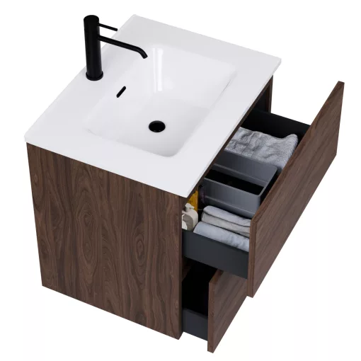 HD Aria Pro Matt Hazel 60 komplett fürdőszoba bútor fali push-to-open mosdószekrénnyel, fényes fehér slim mosdóval és tükörrel