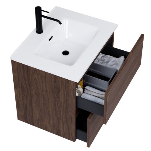 HD Aria Pro Matt Hazel 60 komplett fürdőszoba bútor szett fali push-to-open mosdószekrénnyel, fényes fehér slim mosdóval, tükörrel és magasszekrénnyel