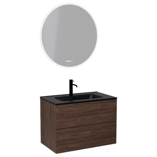 HD Aria Pro Matt Hazel 60 komplett fürdőszoba bútor fali push-to-open mosdószekrénnyel, matt fekete slim mosdóval és tükörrel