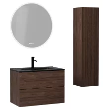 HD Aria Pro Matt Hazel 60 komplett fürdőszoba bútor szett fali push-to-open mosdószekrénnyel, matt fekete slim mosdóval, tükörrel és magasszekrénnyel