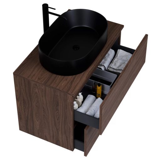 HD Zyra Pro Matt Hazel 60 komplett fürdőszoba bútor szett fali push-to-open mosdószekrénnyel, mogyoró színű mosdópulttal, tükörrel és magasszekrénnyel