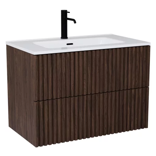 HD Ravello Pro Matt Hazel 60 komplett fürdőszoba bútor fali push-to-open mosdószekrénnyel, fényes fehér slim mosdóval és tükörrel