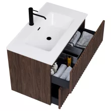 HD Ravello Pro Matt Hazel 60 komplett fürdőszoba bútor fali push-to-open mosdószekrénnyel, fényes fehér slim mosdóval és tükörrel