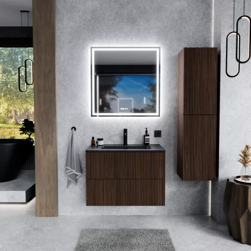HD Ravello Pro Matt Hazel 60 fali mosdószekrény, push-to-open mechanizmussal, matt fekete slim mosdóval