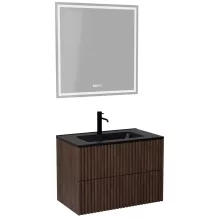 HD Ravello Pro Matt Hazel 60 komplett fürdőszoba bútor fali push-to-open mosdószekrénnyel, matt fekete slim mosdóval és tükörrel