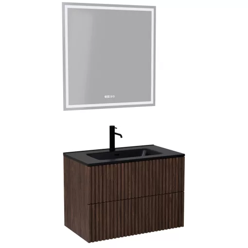 HD Ravello Pro Matt Hazel 60 komplett fürdőszoba bútor fali push-to-open mosdószekrénnyel, matt fekete slim mosdóval és tükörrel