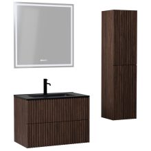 HD Ravello Pro Matt Hazel 60 komplett fürdőszoba bútor szett fali push-to-open mosdószekrénnyel, matt fekete slim mosdóval, tükörrel és magasszekrénnyel