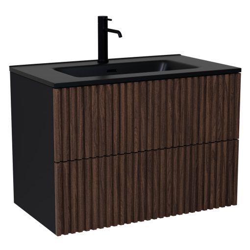 HD Ravello Pro Matt Hazel 60 komplett fürdőszoba bútor szett fali push-to-open mosdószekrénnyel, matt fekete slim mosdóval, tükörrel és magasszekrénnyel