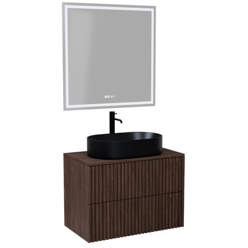 HD Rapallo Pro Matt Hazel 60 komplett fürdőszoba bútor fali push-to-open mosdószekrénnyel, mogyoró színű mosdópulttal és tükörrel