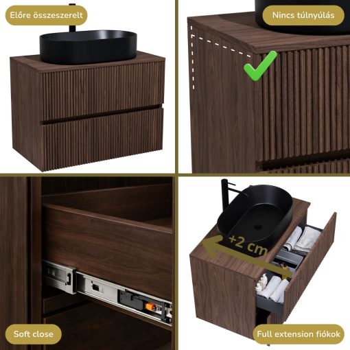 HD Turin Matt Hazel 60/80 komplett fürdőszoba bútor fali mosdószekrénnyel, mogyoró színű mosdópulttal és tükörrel