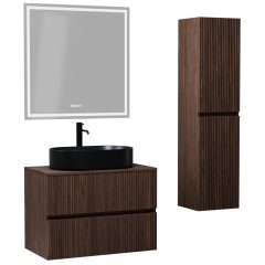   HD Turin Matt Hazel 60/80 komplett fürdőszoba bútor szett fali mosdószekrénnyel, mogyoró színű mosdópulttal, tükörrel és magasszekrénnyel