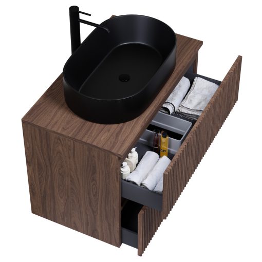 HD Turin Matt Hazel 60/80 komplett fürdőszoba bútor szett fali mosdószekrénnyel, mogyoró színű mosdópulttal, tükörrel és magasszekrénnyel