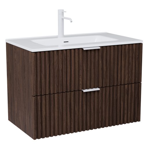 HD Ravello Matt Hazel 60 komplett fürdőszoba bútor szett fali mosdószekrénnyel, matt fehér fogantyúkkal, fényes fehér slim mosdóval, tükörrel és magasszekrénnyel